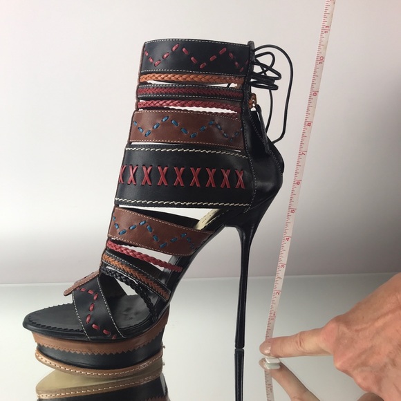 DSQUARED2 Leather Laces Strappy Embroidered Heels - Picture 10 of 11